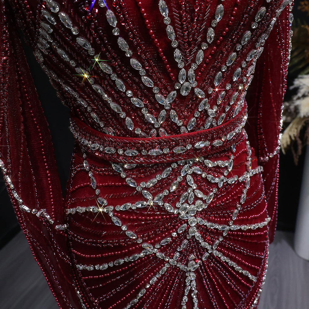 Luxury Champagne Beaded Crystal Long Sleeve Evening Dress SS186