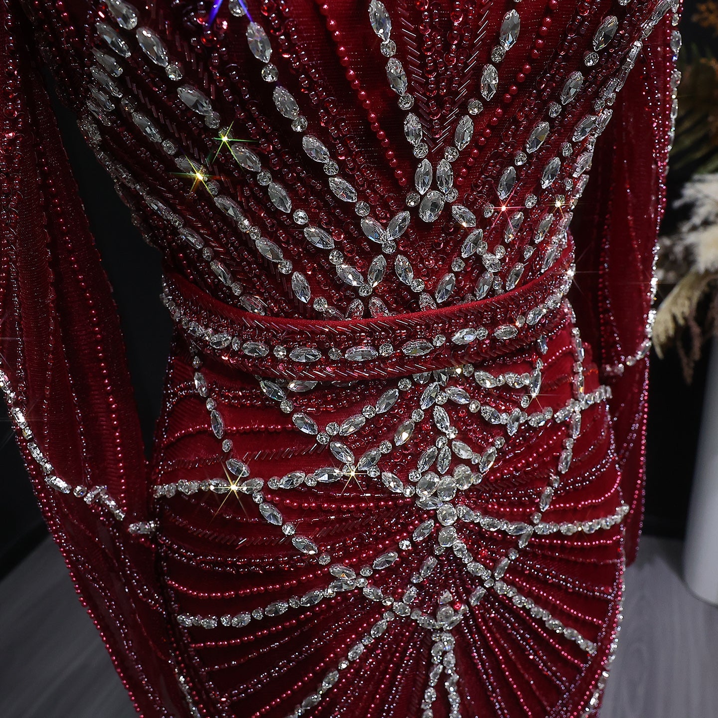 Luxury Champagne Beaded Crystal Long Sleeve Evening Dress SS186