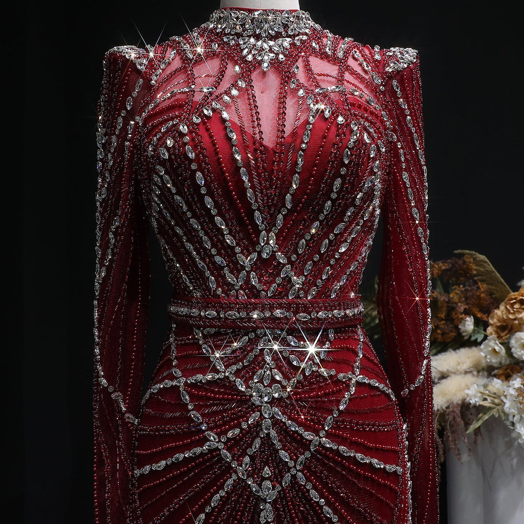 Luxury Champagne Beaded Crystal Long Sleeve Evening Dress SS186