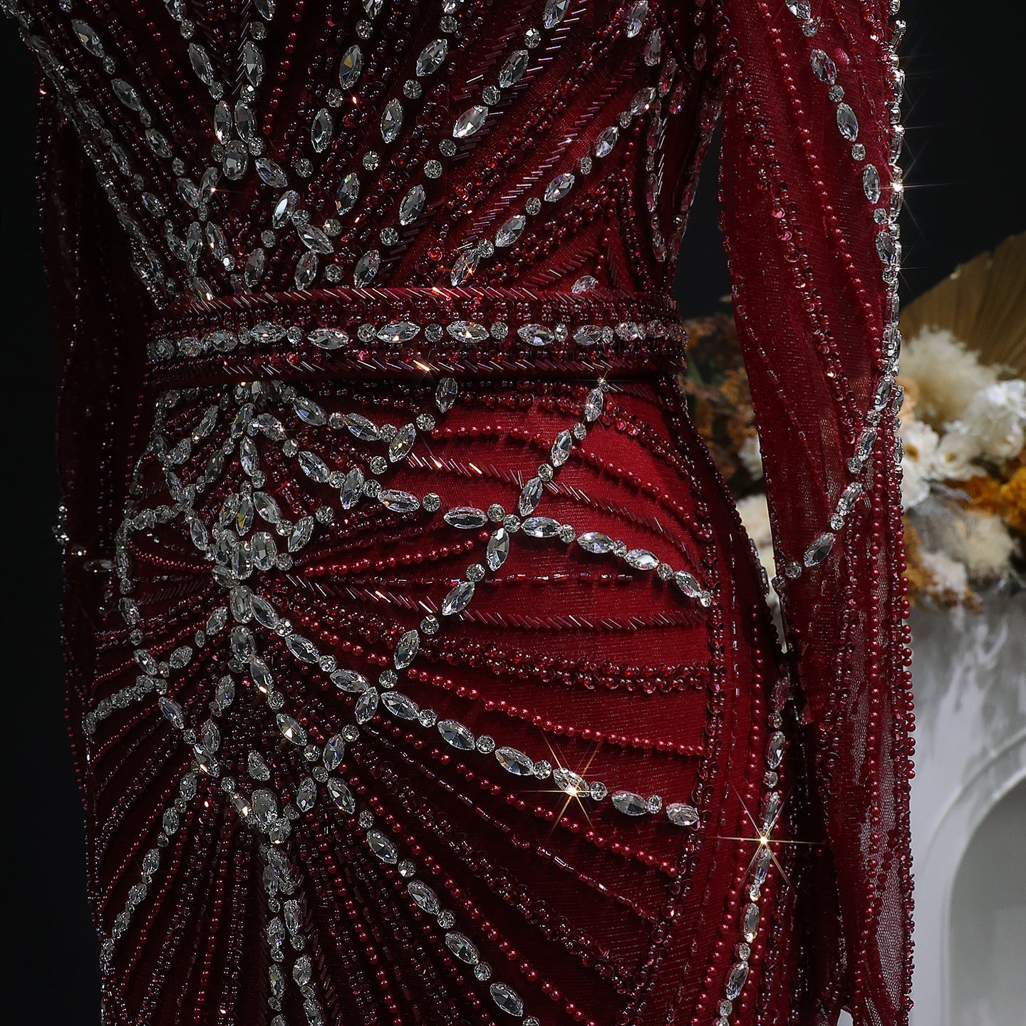 Luxury Champagne Beaded Crystal Long Sleeve Evening Dress SS186