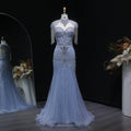 Luxury Blue Crystal Evening Dress with Shoulder Tassels SS190