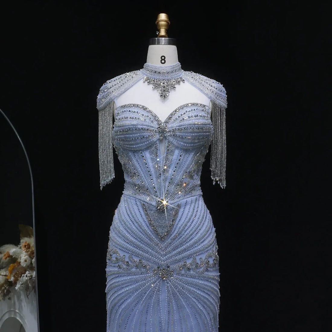 Luxury Blue Beaded Evening Dress with Shoulder Tassels SS190
