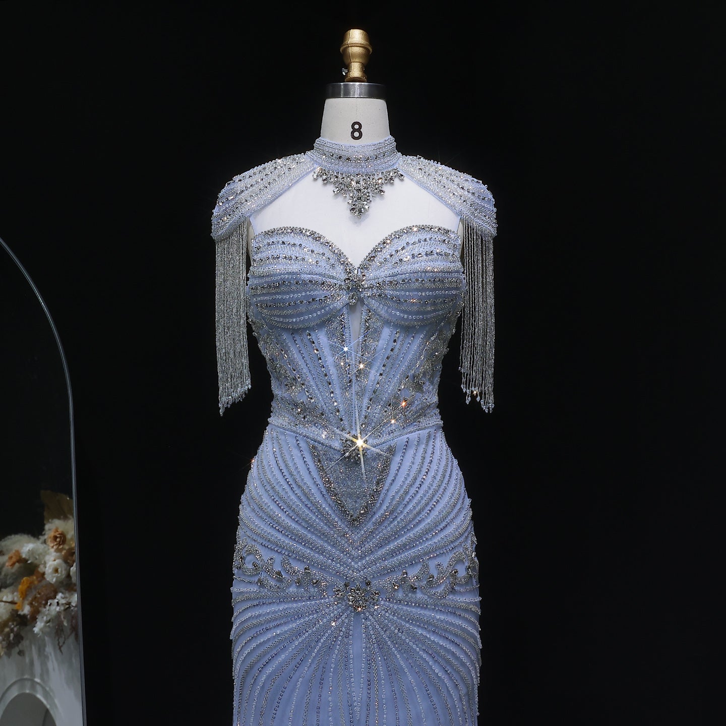 Luxury Blue Crystal Evening Dress with Shoulder Tassels SS190
