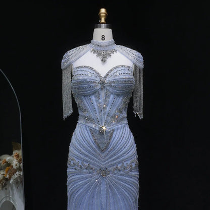 Luxury Blue Beaded Evening Dress with Shoulder Tassels SS190