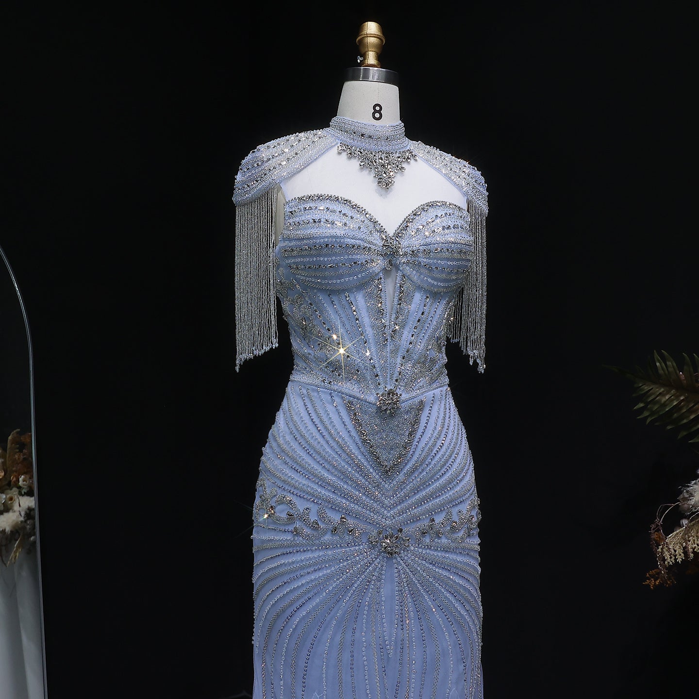 Luxury Blue Crystal Evening Dress with Shoulder Tassels SS190