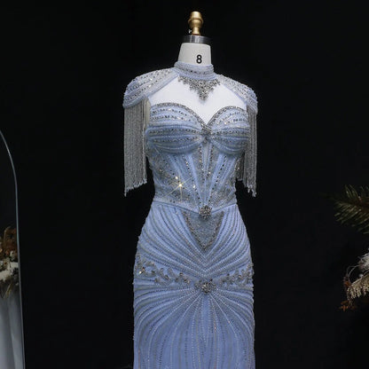 Luxury Blue Beaded Evening Dress with Shoulder Tassels SS190