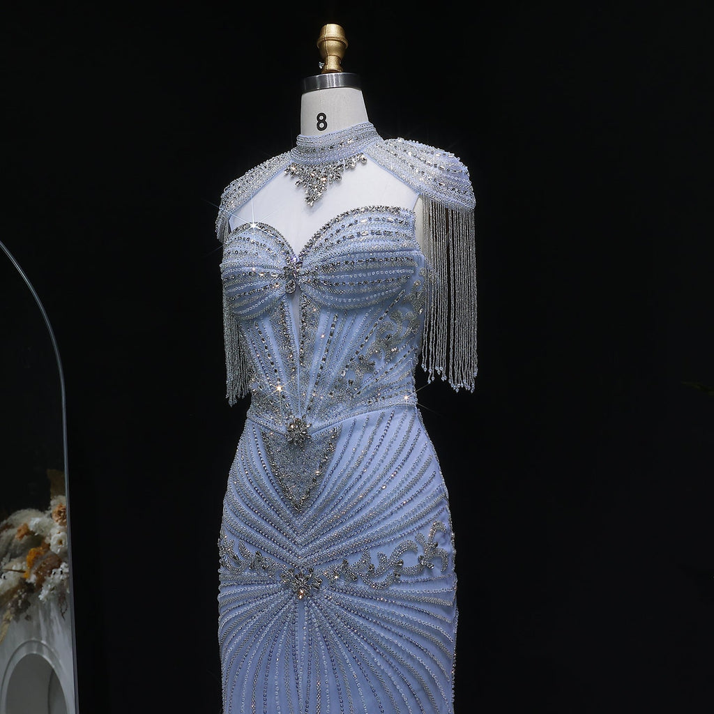 Luxury Blue Crystal Evening Dress with Shoulder Tassels SS190