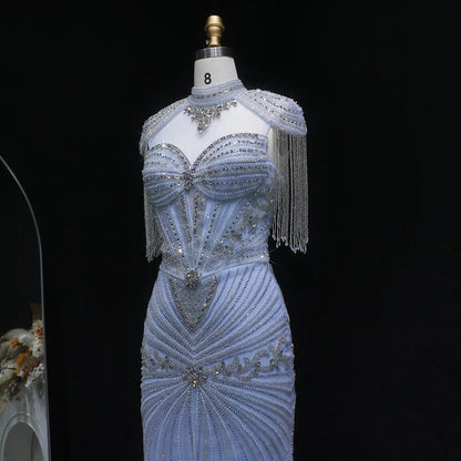 Luxury Blue Beaded Evening Dress with Shoulder Tassels SS190