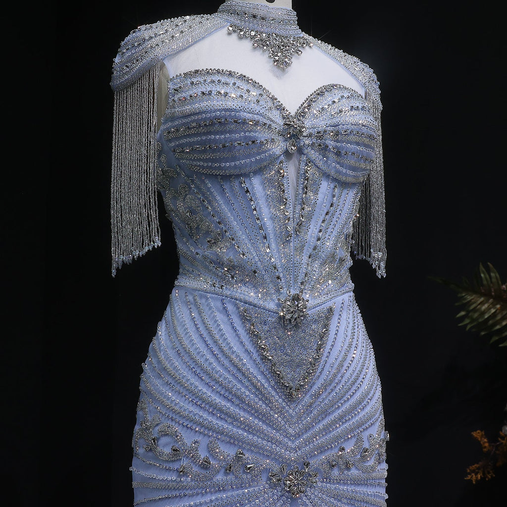 Luxury Blue Crystal Evening Dress with Shoulder Tassels SS190