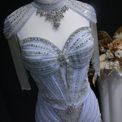 Luxury Blue Beaded Evening Dress with Shoulder Tassels SS190