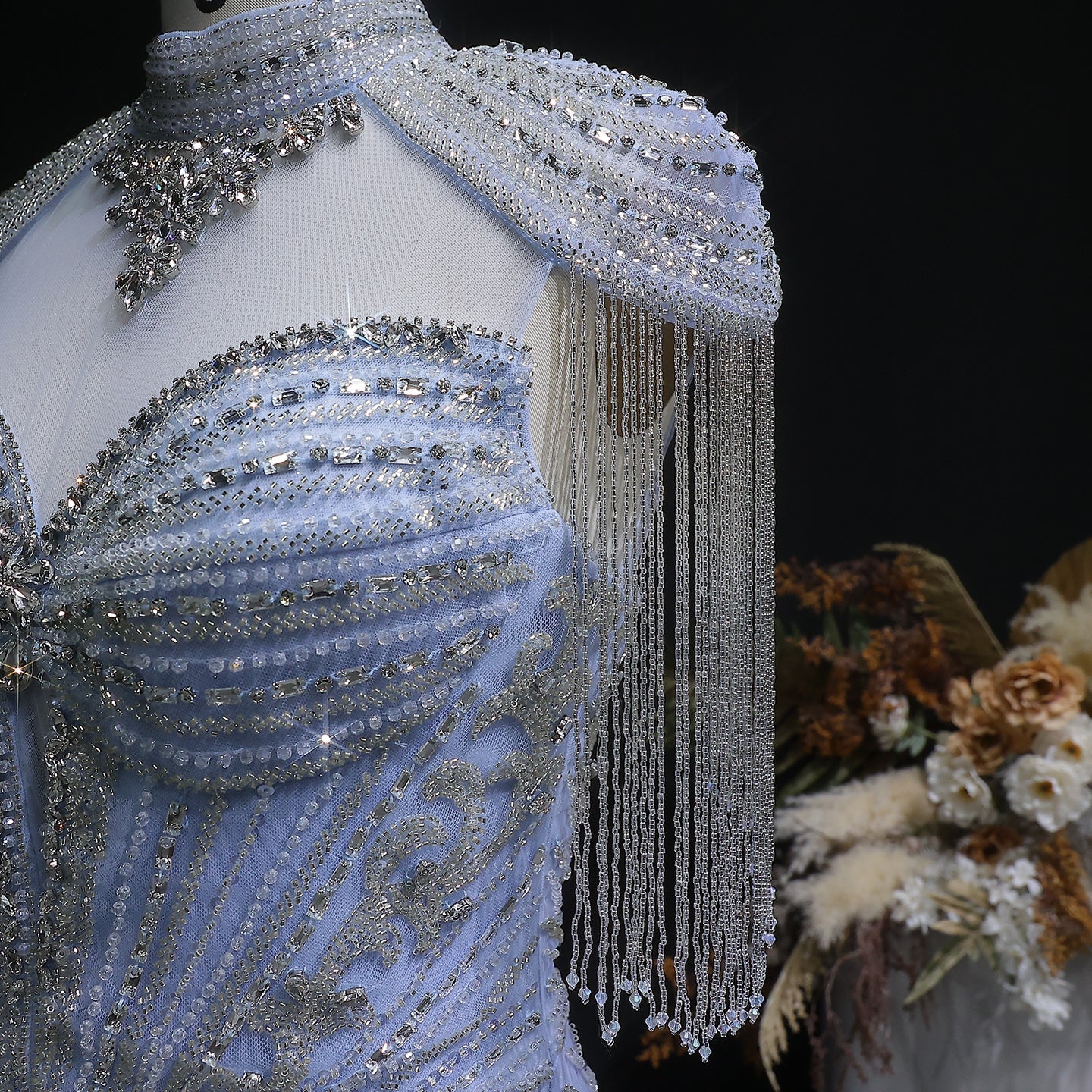 Luxury Blue Crystal Evening Dress with Shoulder Tassels SS190