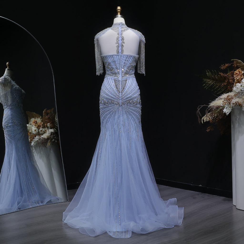 Luxury Blue Crystal Evening Dress with Shoulder Tassels SS190
