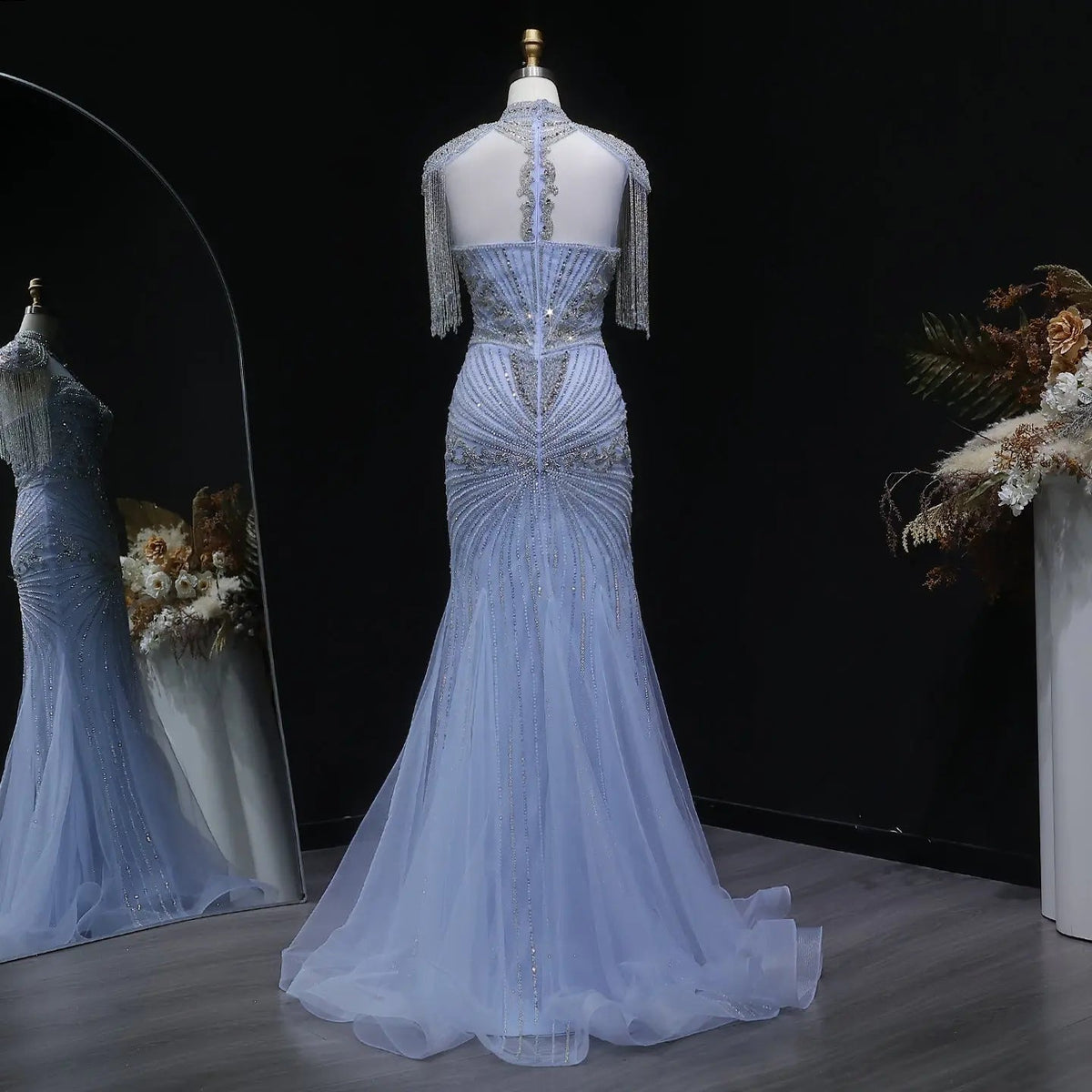 Luxury Blue Beaded Evening Dress with Shoulder Tassels SS190