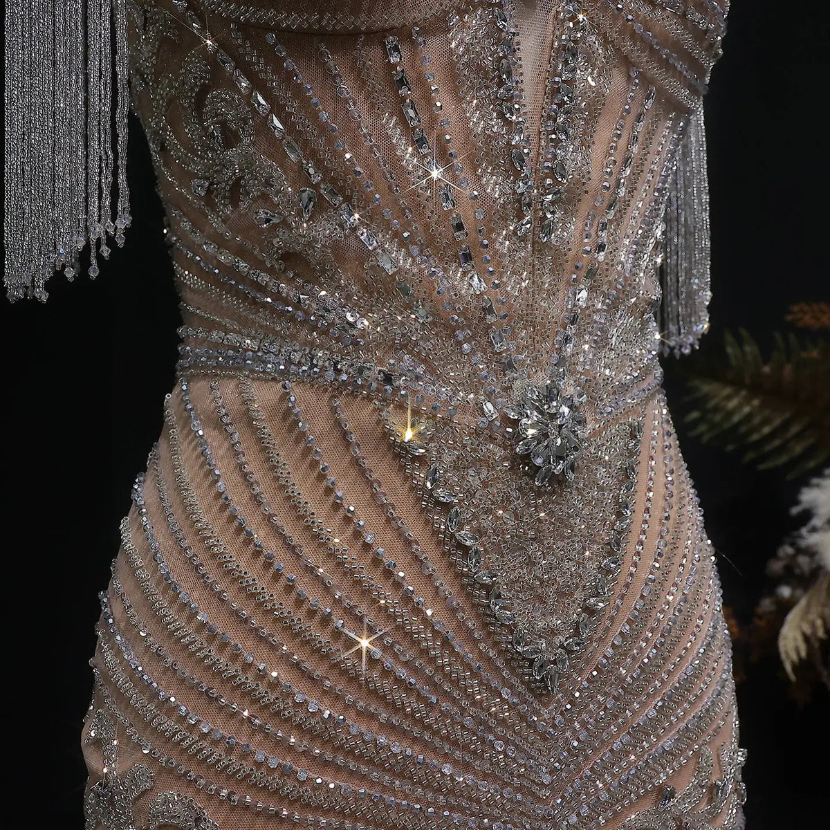 Luxury Blue Beaded Evening Dress with Shoulder Tassels SS190