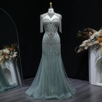 Luxury Blue Beaded Evening Dress with Shoulder Tassels SS190