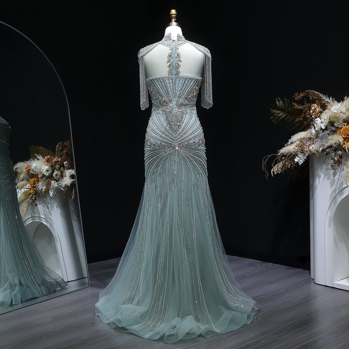 Luxury Blue Crystal Evening Dress with Shoulder Tassels SS190