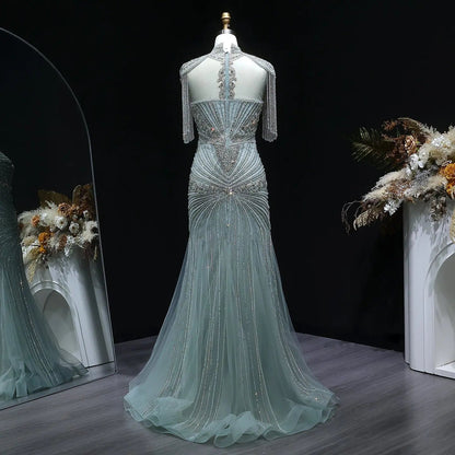 Luxury Blue Beaded Evening Dress with Shoulder Tassels SS190