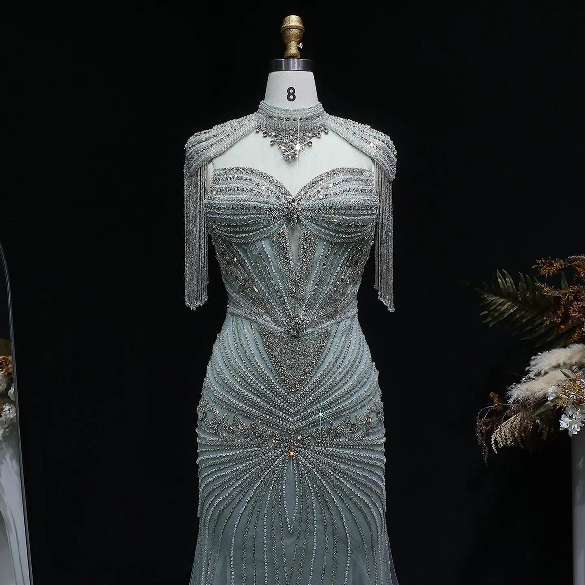 Luxury Blue Beaded Evening Dress with Shoulder Tassels SS190