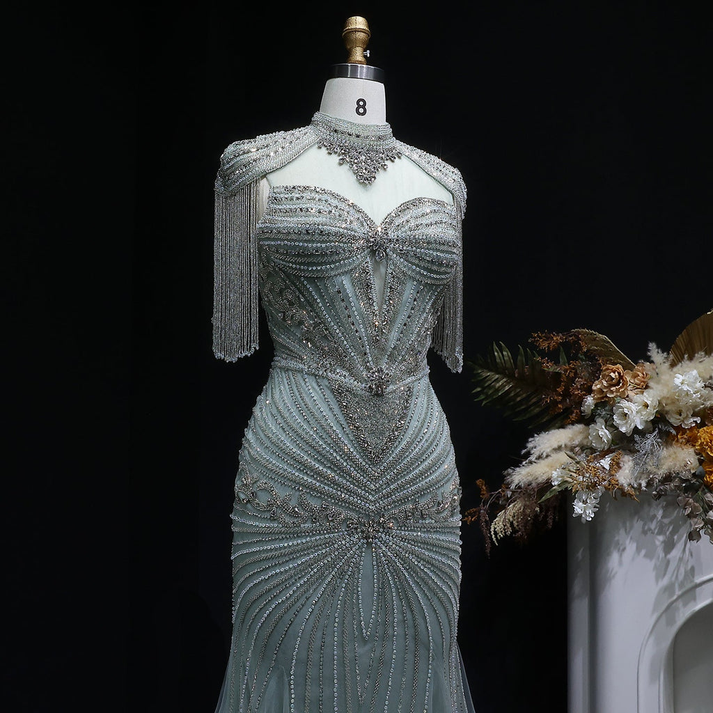 Luxury Blue Crystal Evening Dress with Shoulder Tassels SS190