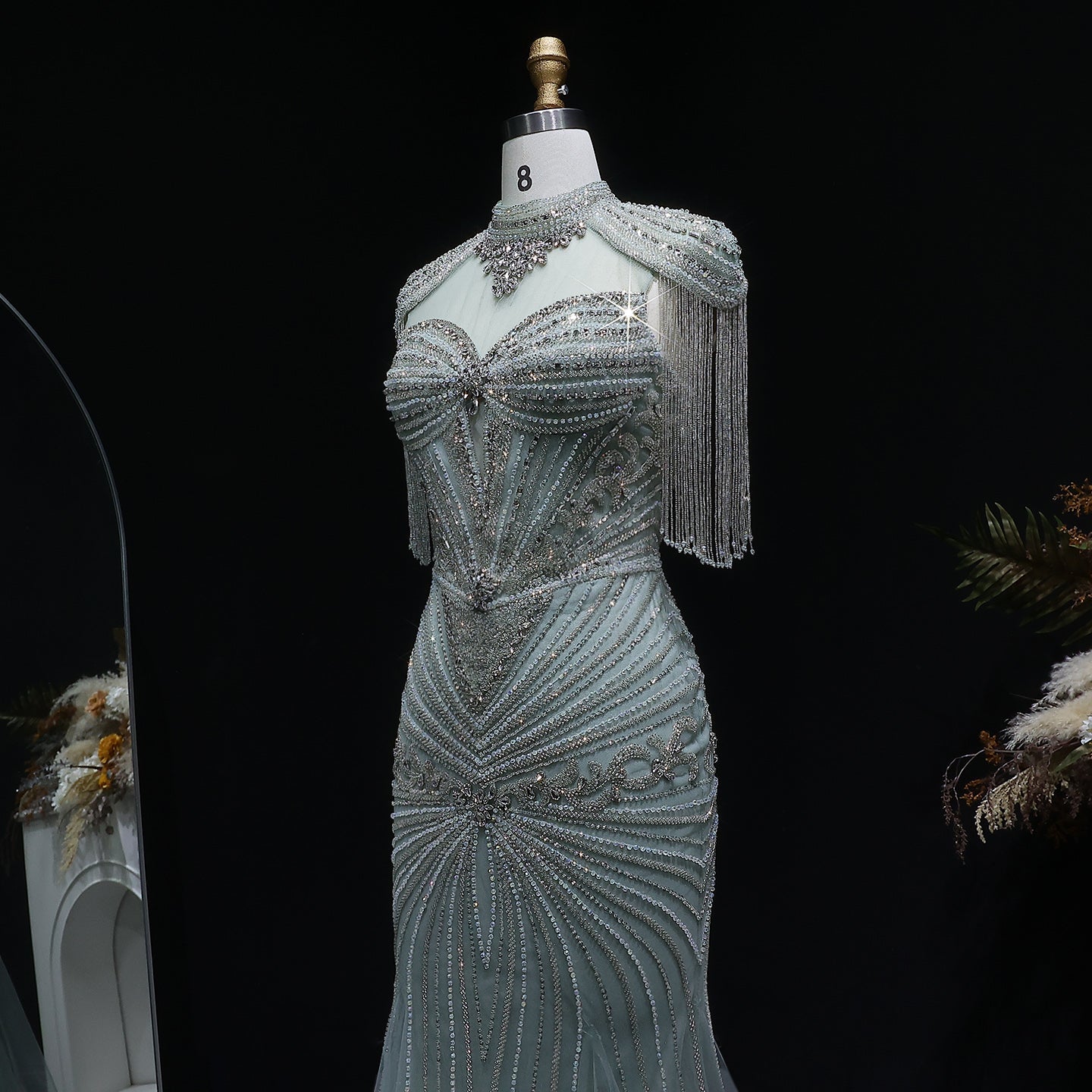 Luxury Blue Crystal Evening Dress with Shoulder Tassels SS190