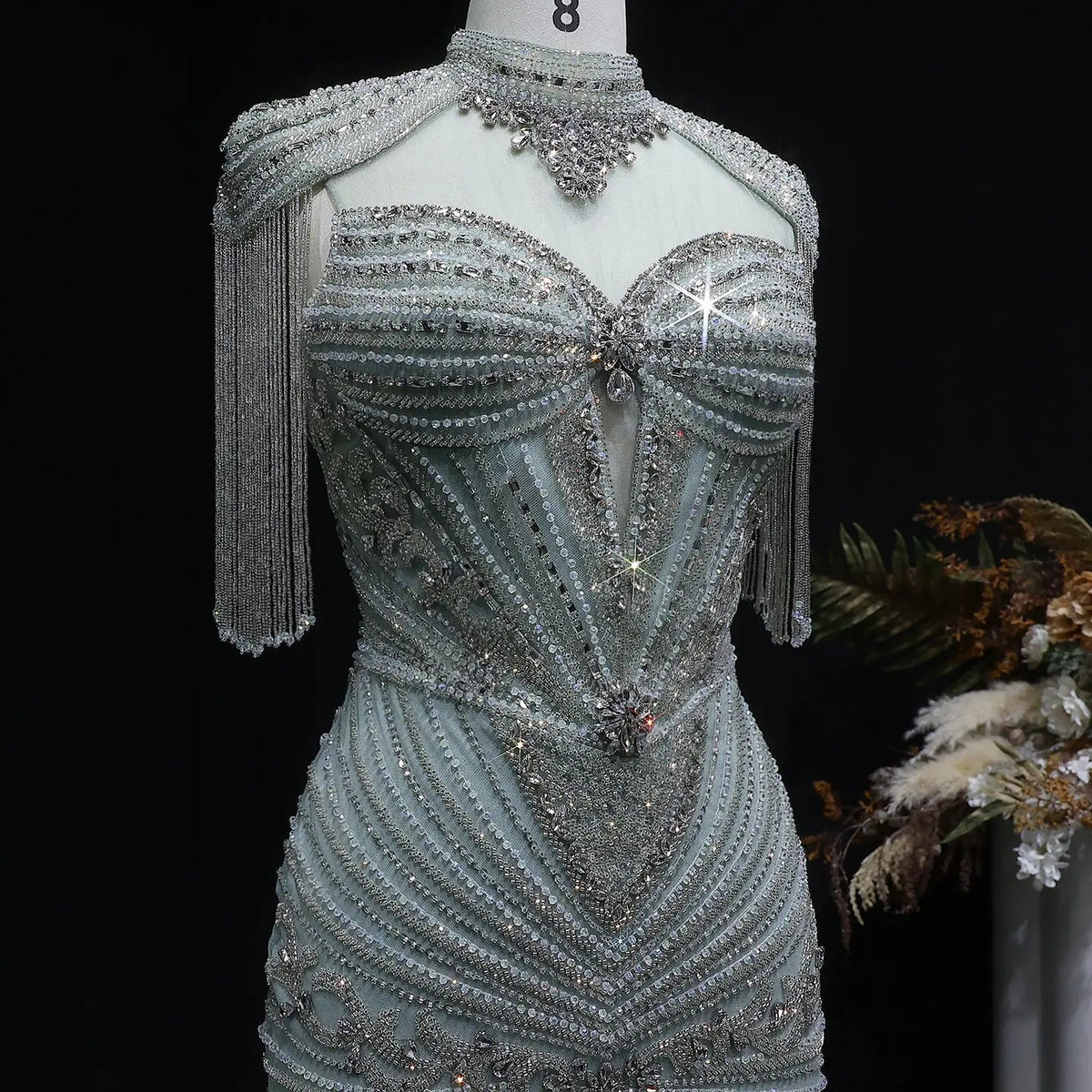 Luxury Blue Beaded Evening Dress with Shoulder Tassels SS190
