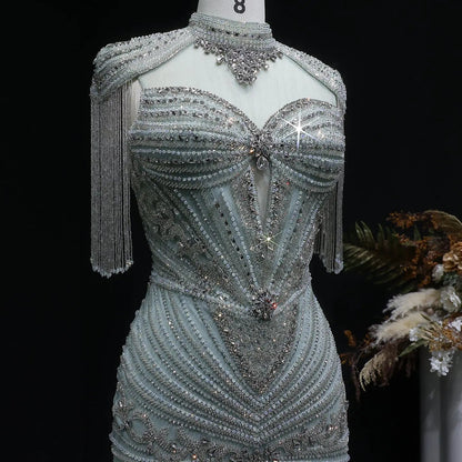 Luxury Blue Beaded Evening Dress with Shoulder Tassels SS190