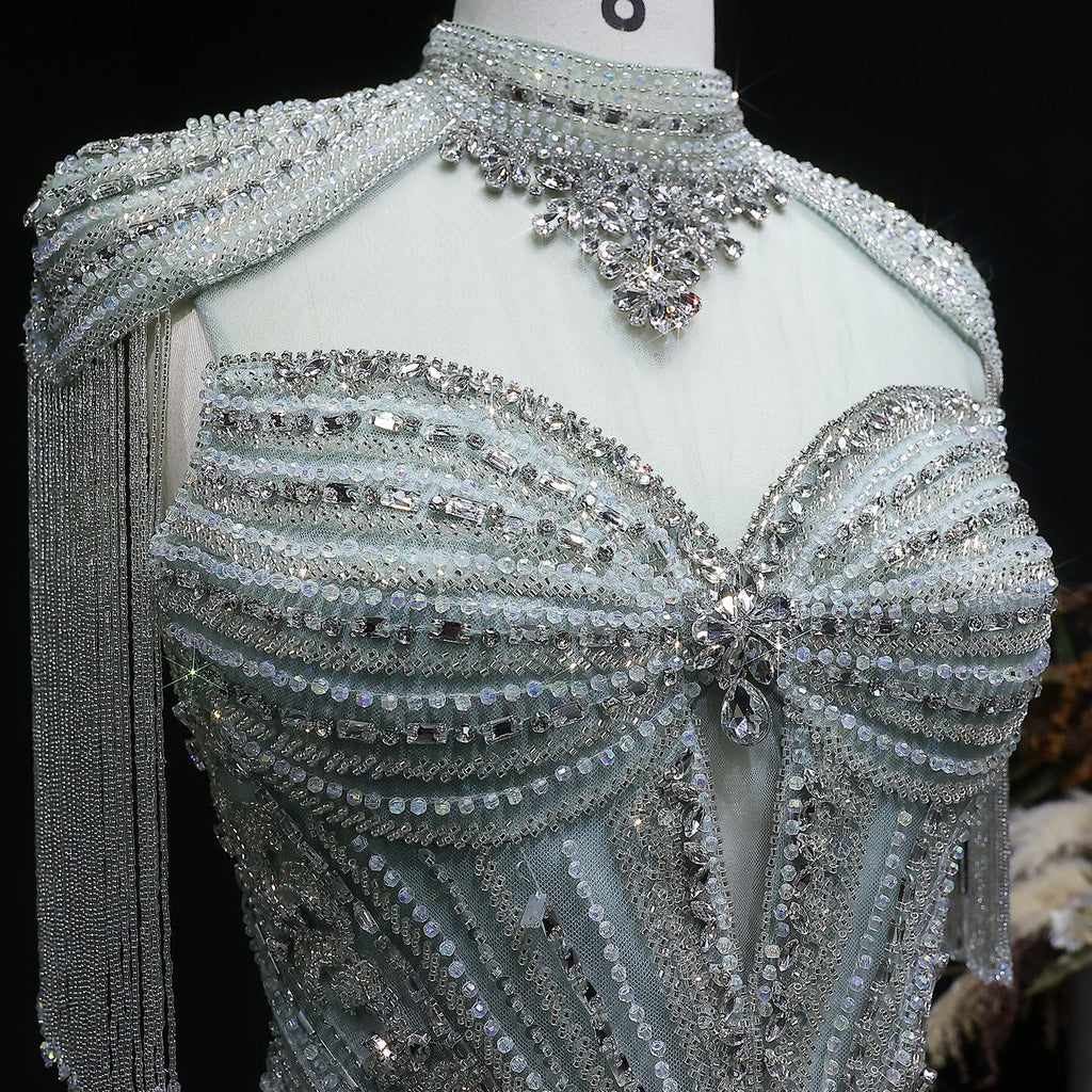 Luxury Blue Crystal Evening Dress with Shoulder Tassels SS190