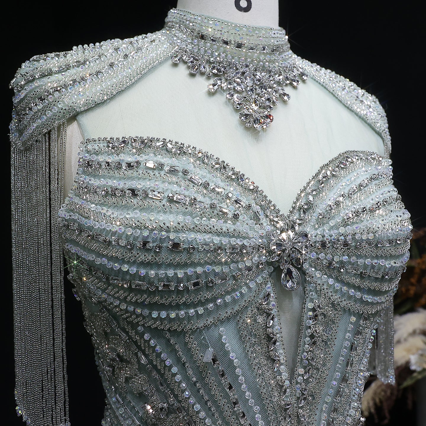 Luxury Blue Crystal Evening Dress with Shoulder Tassels SS190