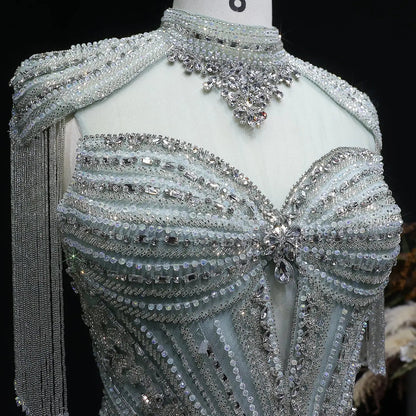 Luxury Blue Beaded Evening Dress with Shoulder Tassels SS190