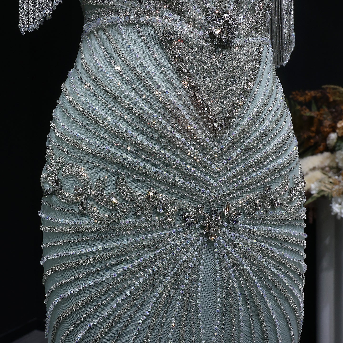 Luxury Blue Crystal Evening Dress with Shoulder Tassels SS190