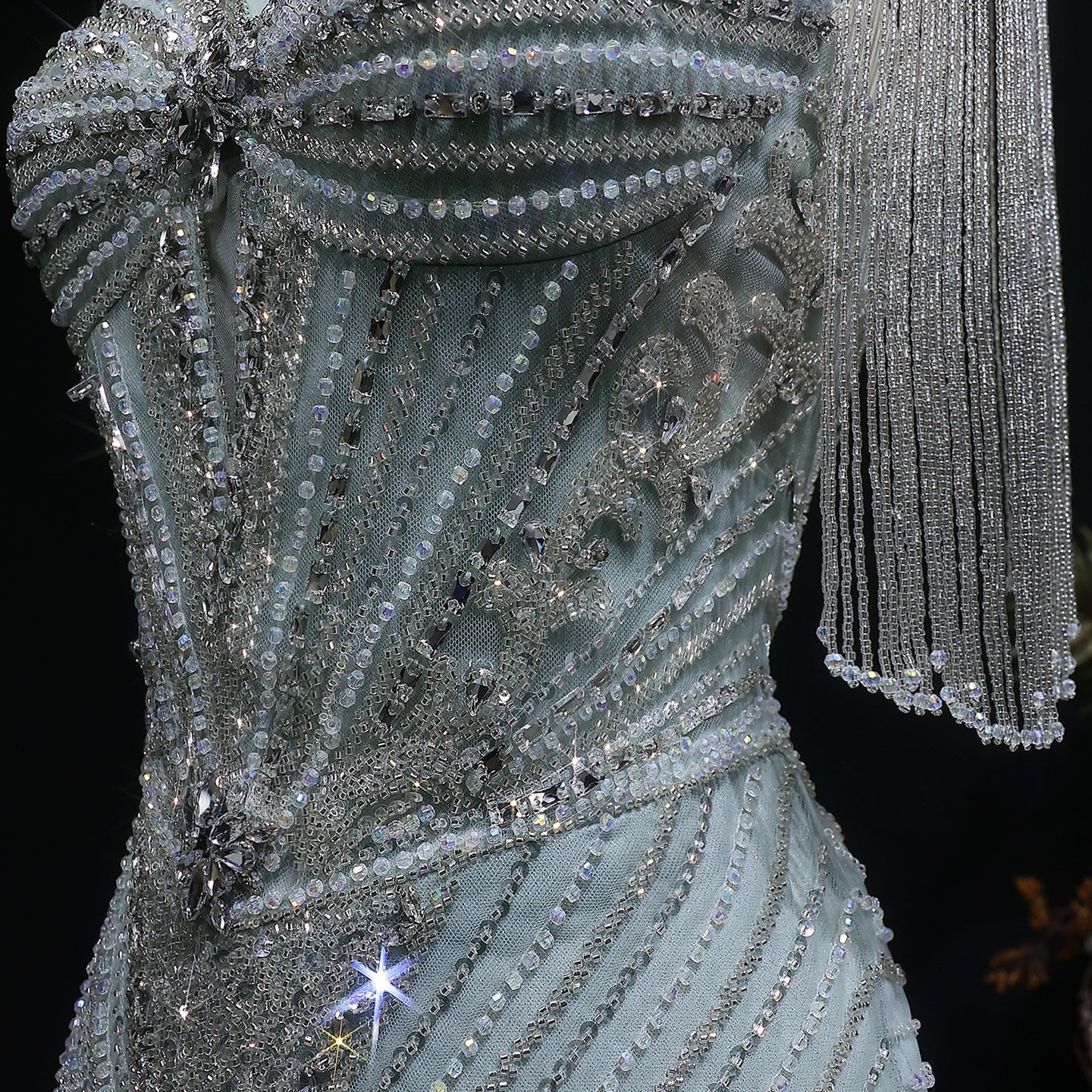 Luxury Blue Crystal Evening Dress with Shoulder Tassels SS190