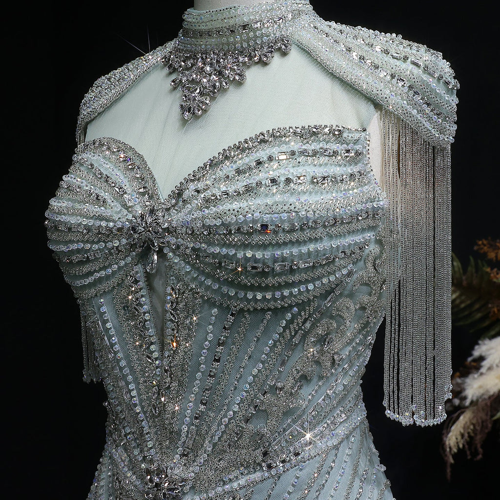 Luxury Blue Crystal Evening Dress with Shoulder Tassels SS190