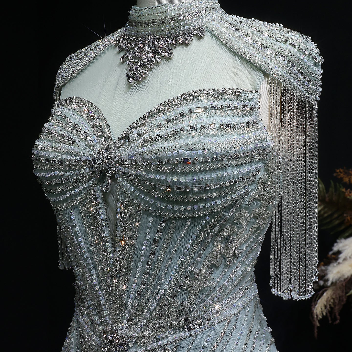 Luxury Blue Crystal Evening Dress with Shoulder Tassels SS190