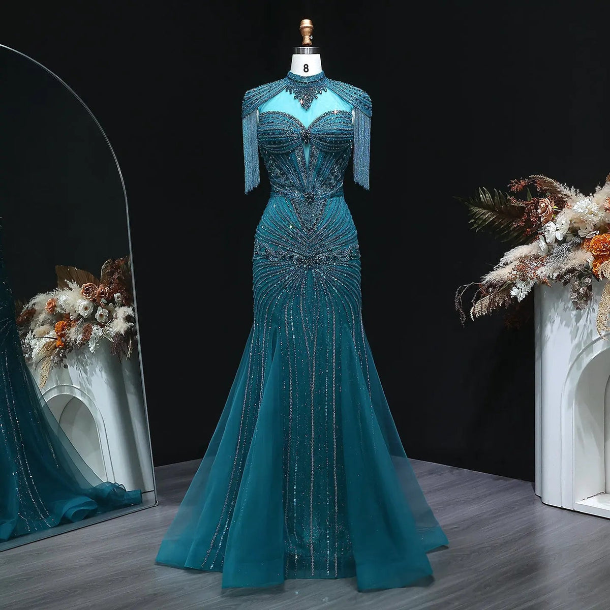 Luxury Blue Beaded Evening Dress with Shoulder Tassels SS190