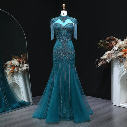 Luxury Blue Beaded Evening Dress with Shoulder Tassels SS190