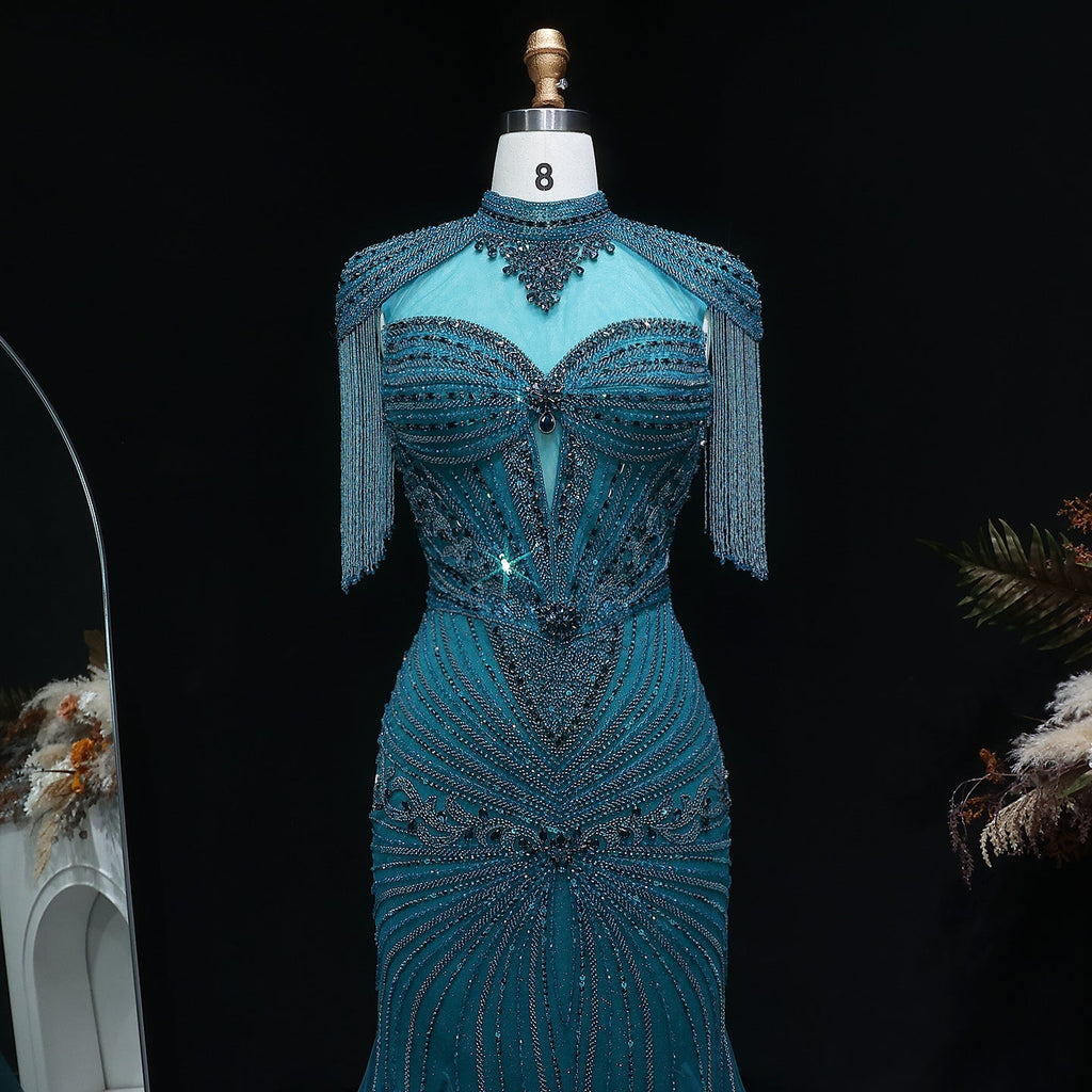 Luxury Blue Crystal Evening Dress with Shoulder Tassels SS190