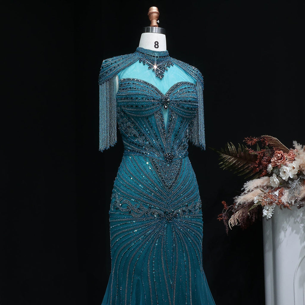 Luxury Blue Crystal Evening Dress with Shoulder Tassels SS190