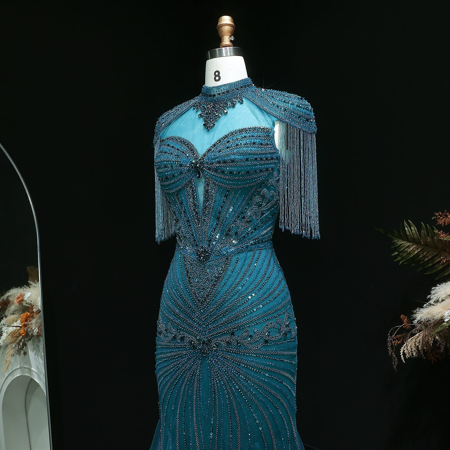 Luxury Blue Crystal Evening Dress with Shoulder Tassels SS190