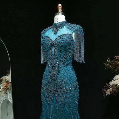 Luxury Blue Beaded Evening Dress with Shoulder Tassels SS190