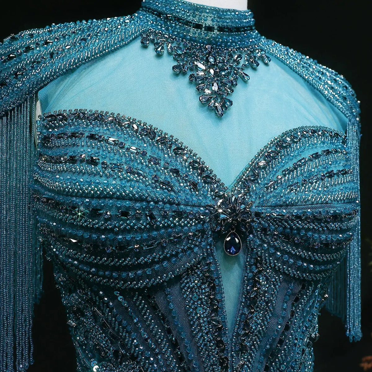 Luxury Blue Beaded Evening Dress with Shoulder Tassels SS190