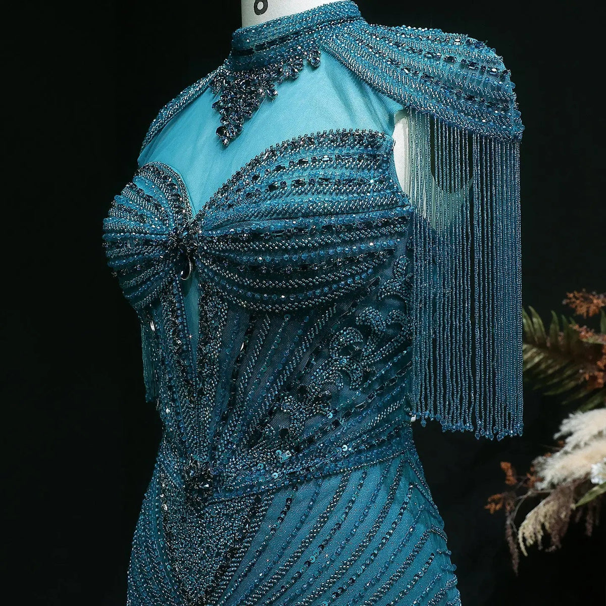 Luxury Blue Beaded Evening Dress with Shoulder Tassels SS190