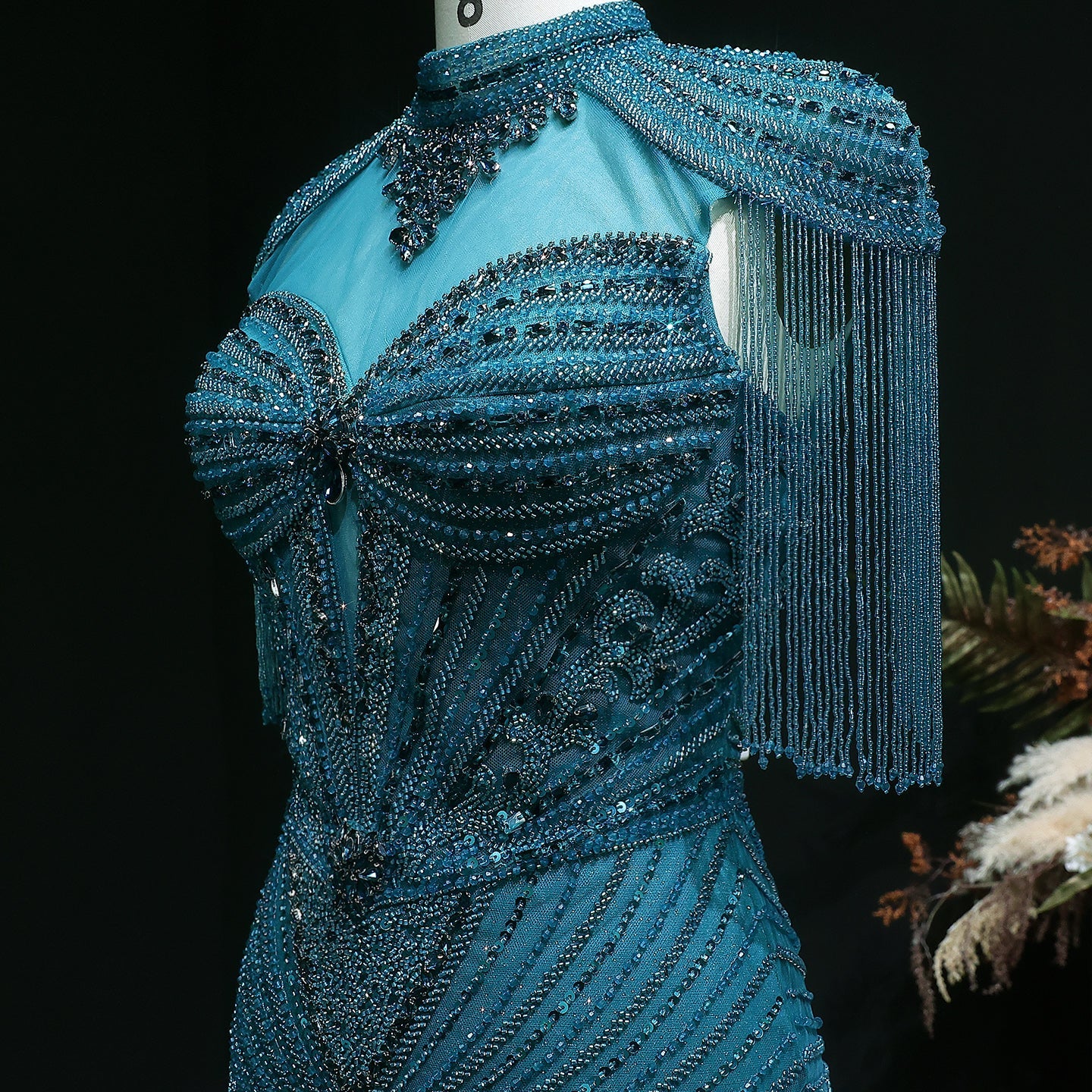 Luxury Blue Crystal Evening Dress with Shoulder Tassels SS190