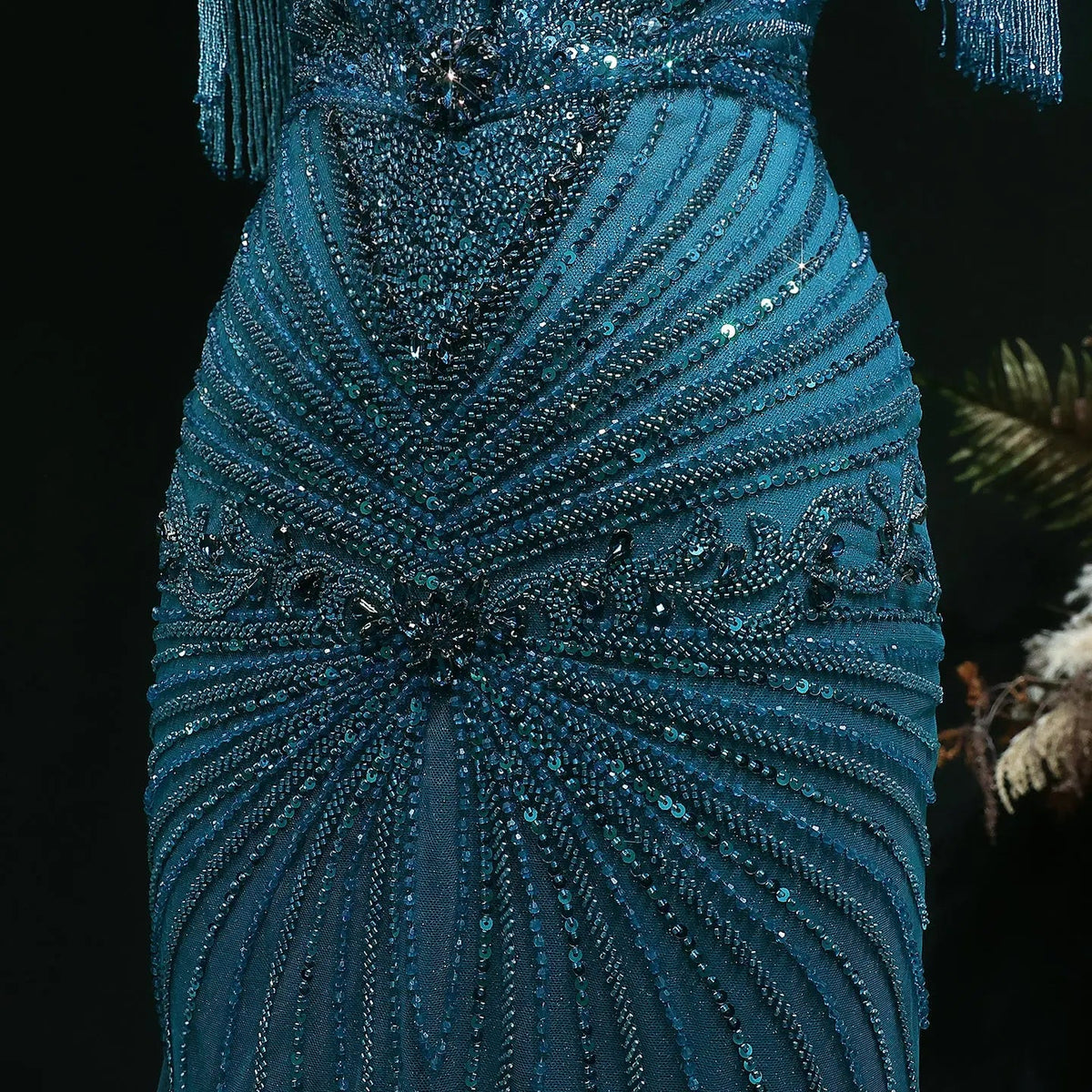Luxury Blue Beaded Evening Dress with Shoulder Tassels SS190