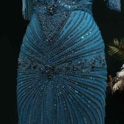 Luxury Blue Beaded Evening Dress with Shoulder Tassels SS190