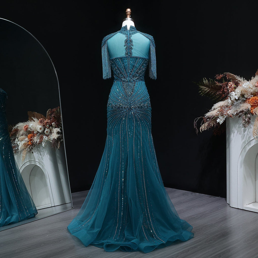 Luxury Blue Crystal Evening Dress with Shoulder Tassels SS190