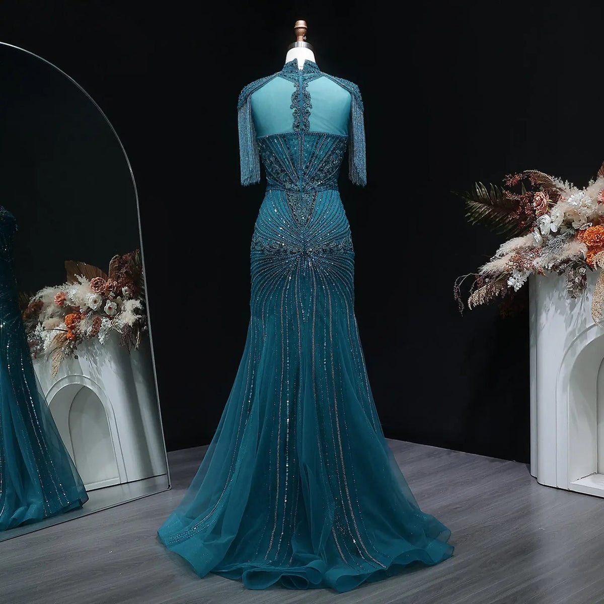 Luxury Blue Beaded Evening Dress with Shoulder Tassels SS190
