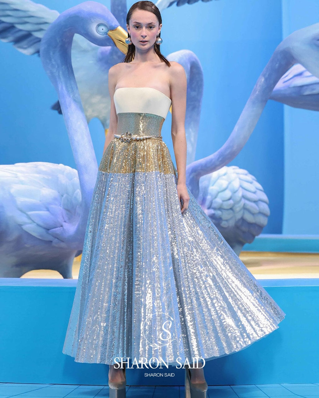 Luxury Strapless Silver Gradient Sequin Evening Dress SS200