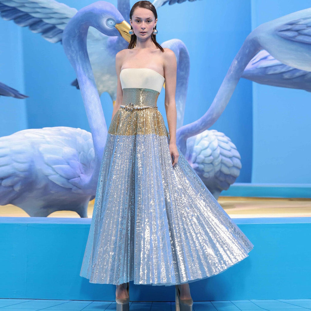 Luxury Strapless Silver Gradient Sequin Evening Dress SS200