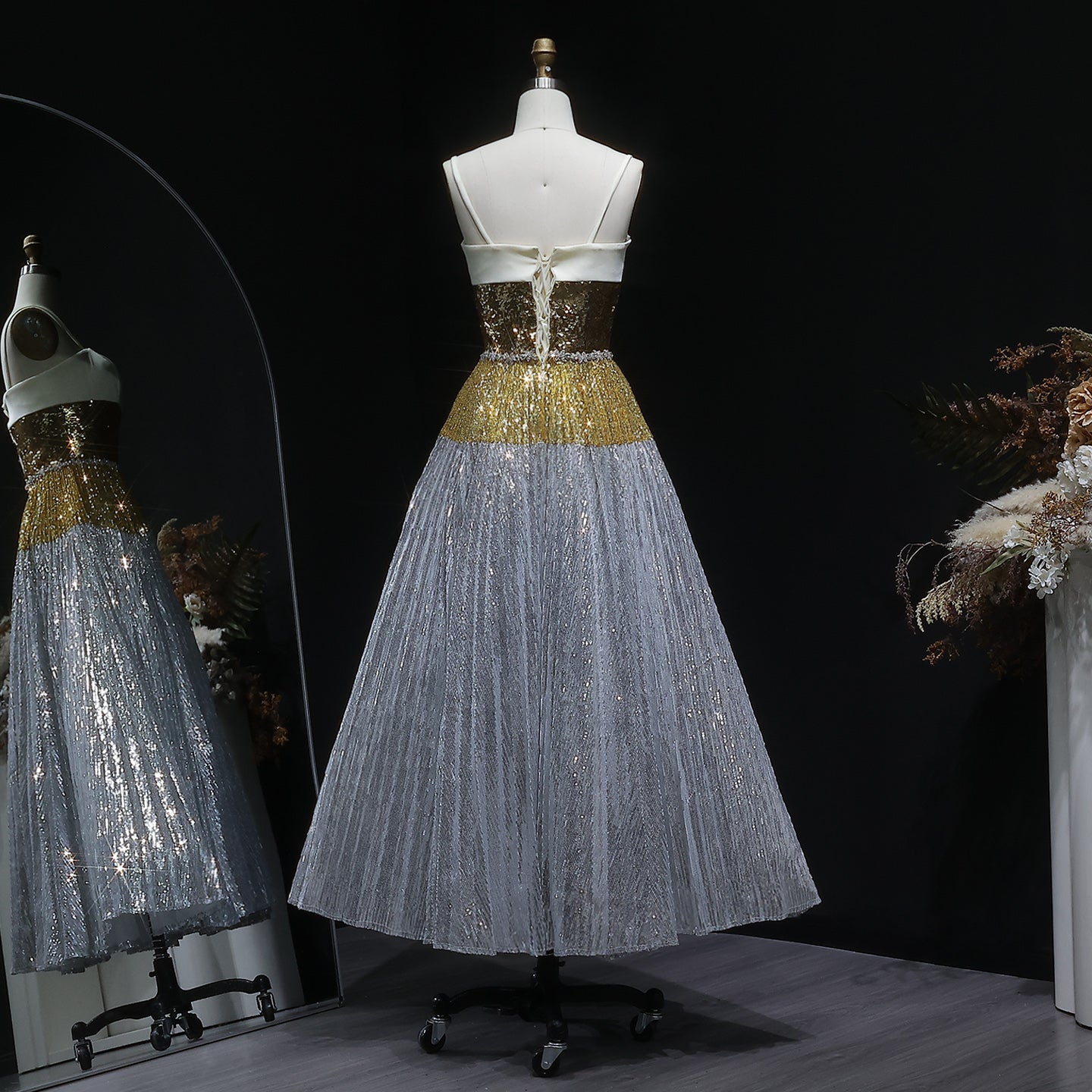 Luxury Strapless Silver Gradient Sequin Evening Dress SS200