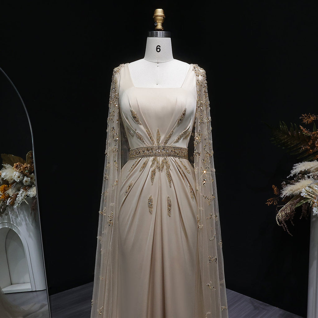Elegant Champagne Square Neck Beaded Evening Dress with Cape Sleeve SS213